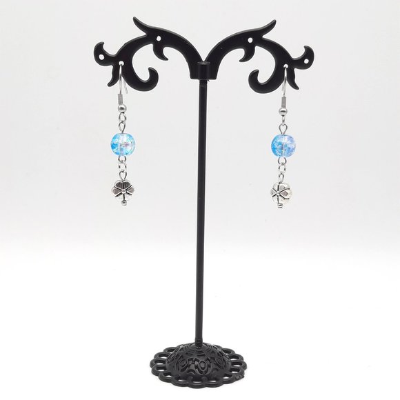 Spring Flower Blue Clear Glass Dangle Drop Earrings Handmade Jewelry - Picture 4 of 6